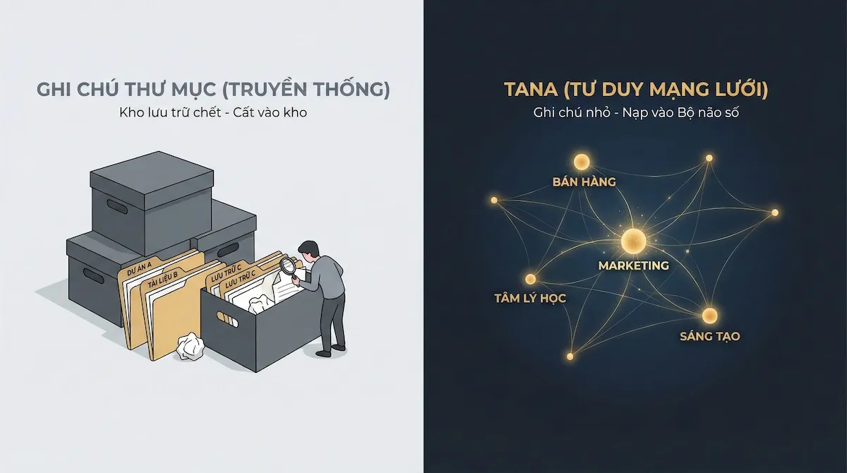 Hình ảnh so sánh phương pháp Ghi chú Thư mục (Truyền thống) - kho lưu trữ chết, với người dùng đang tìm kiếm khó khăn trong các thùng tài liệu, và Tana (Tư duy mạng lưới) - ghi chú nhỏ được nạp vào bộ não số, minh họa bằng các điểm sáng kết nối với nhau như Marketing, Bán hàng, Sáng tạo, Tâm lý học trên nền tối.