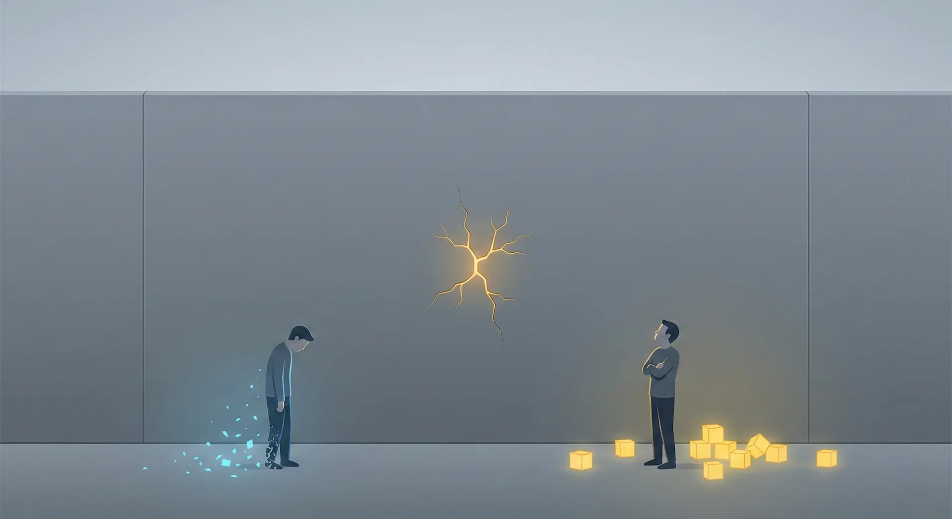 Minh họa hai người đàn ông đứng trước bức tường ngõ cụt tri thức. Người bên trái đại diện cho nỗi đau mất mát ký ức (các mảnh vỡ xanh), người bên phải đại diện cho rào cản sự cầu toàn (các khối hộp vàng bị bỏ quên). Vết nứt phát sáng giữa tường tượng trưng cho tia hy vọng về giải pháp mới.
