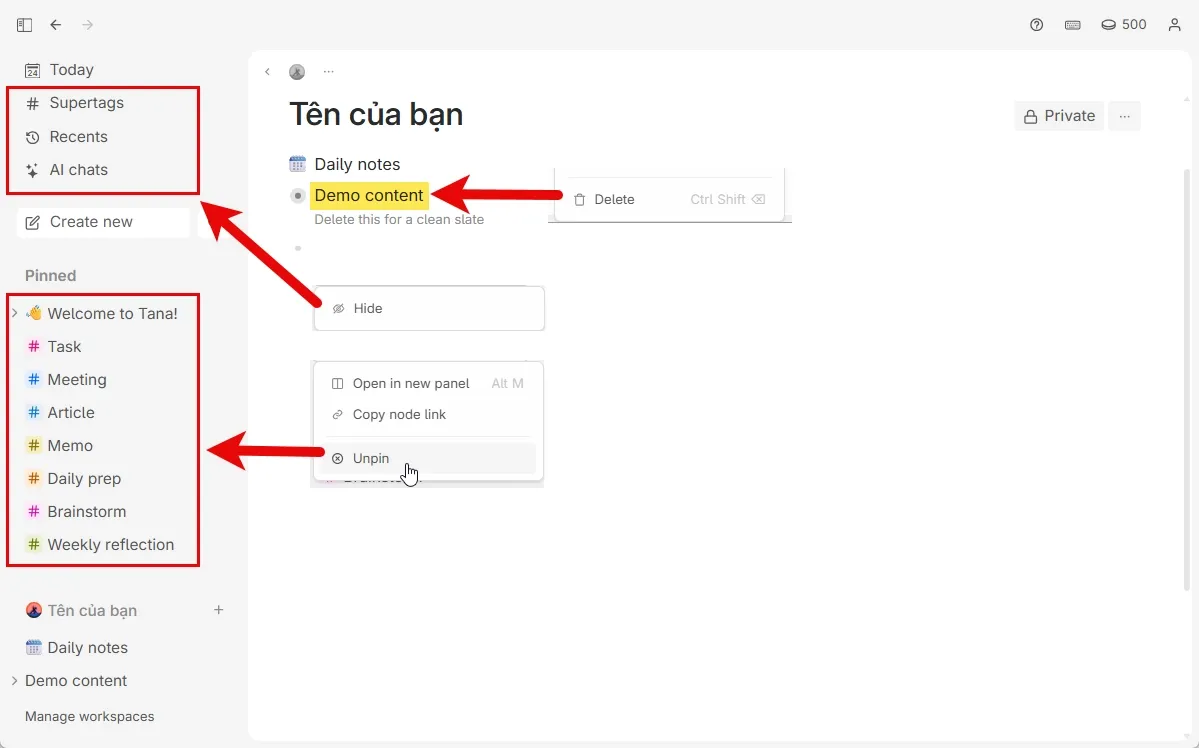 Xóa dữ liệu mẫu và gỡ ghim trên giao diện Tana Desktop.