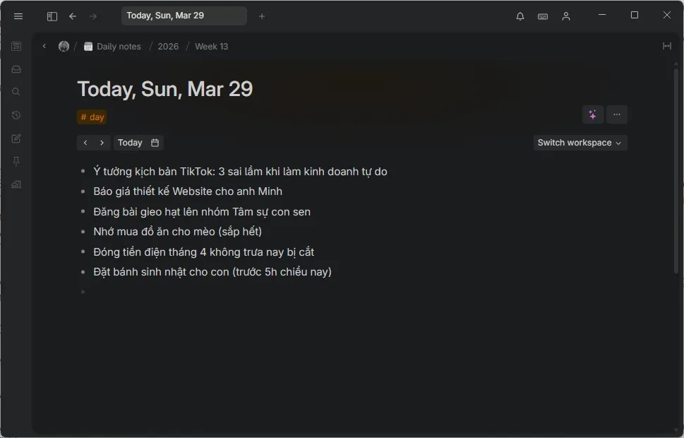 Thực hành viết những dòng ghi chú đầu tiên trên trang Today của Tana để xả stress.
