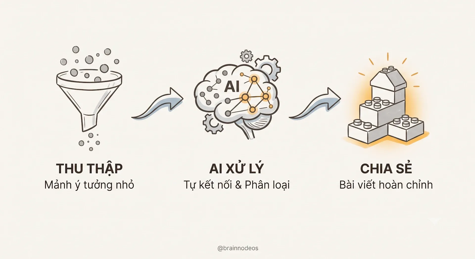 Biểu đồ 3 bước mô tả quy trình Thu và Chia: gom nhặt hạt giống ý tưởng, để AI Tana tự động liên kết, và lắp ráp thành bài viết hoàn chỉnh như xếp hình Lego.
