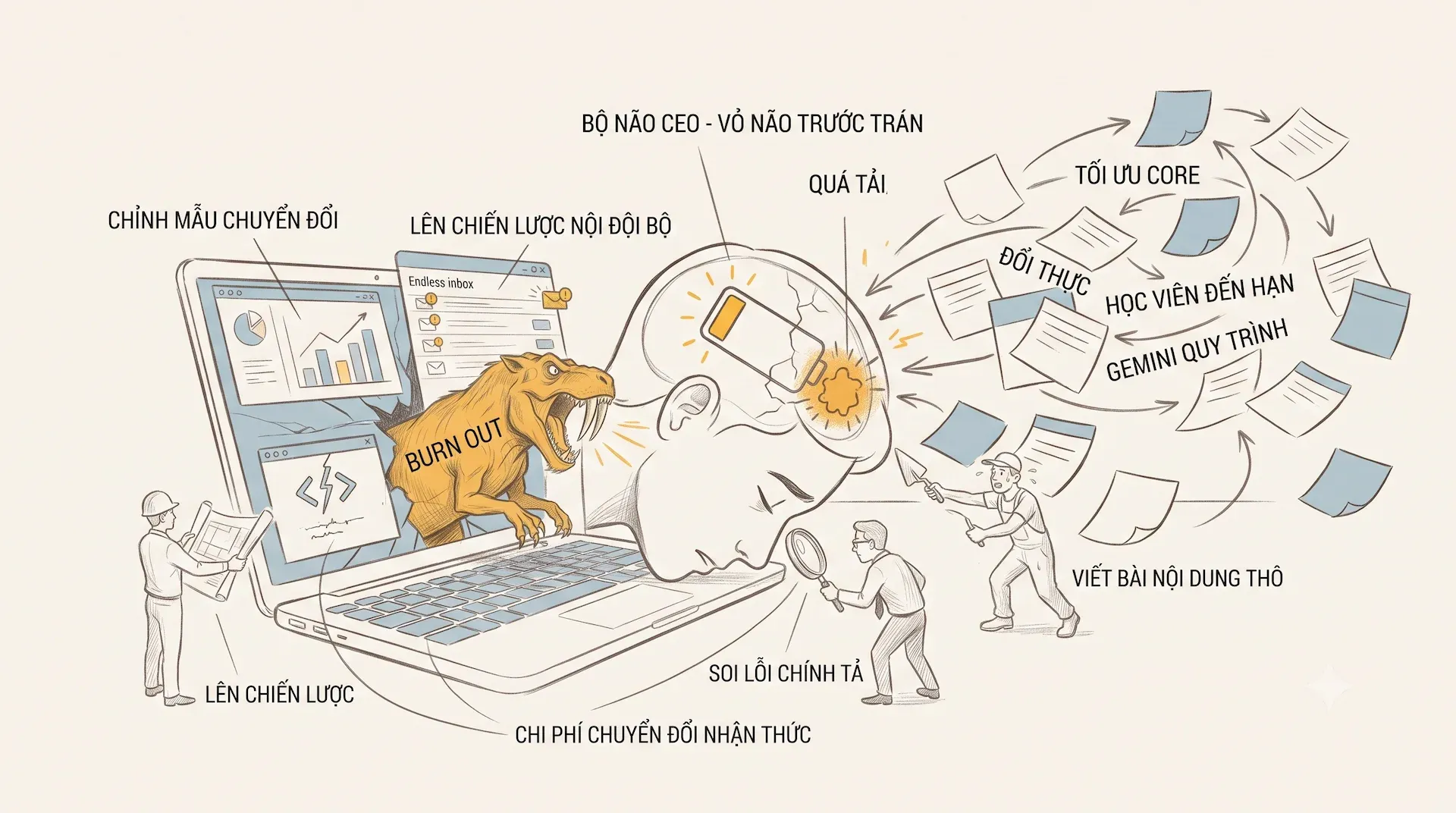 Vỏ não trước trán đóng 3 vai trò cùng lúc dẫn đến đa nhiệm quá tải cạn kiệt năng lượng nhận thức khi làm nội dung.