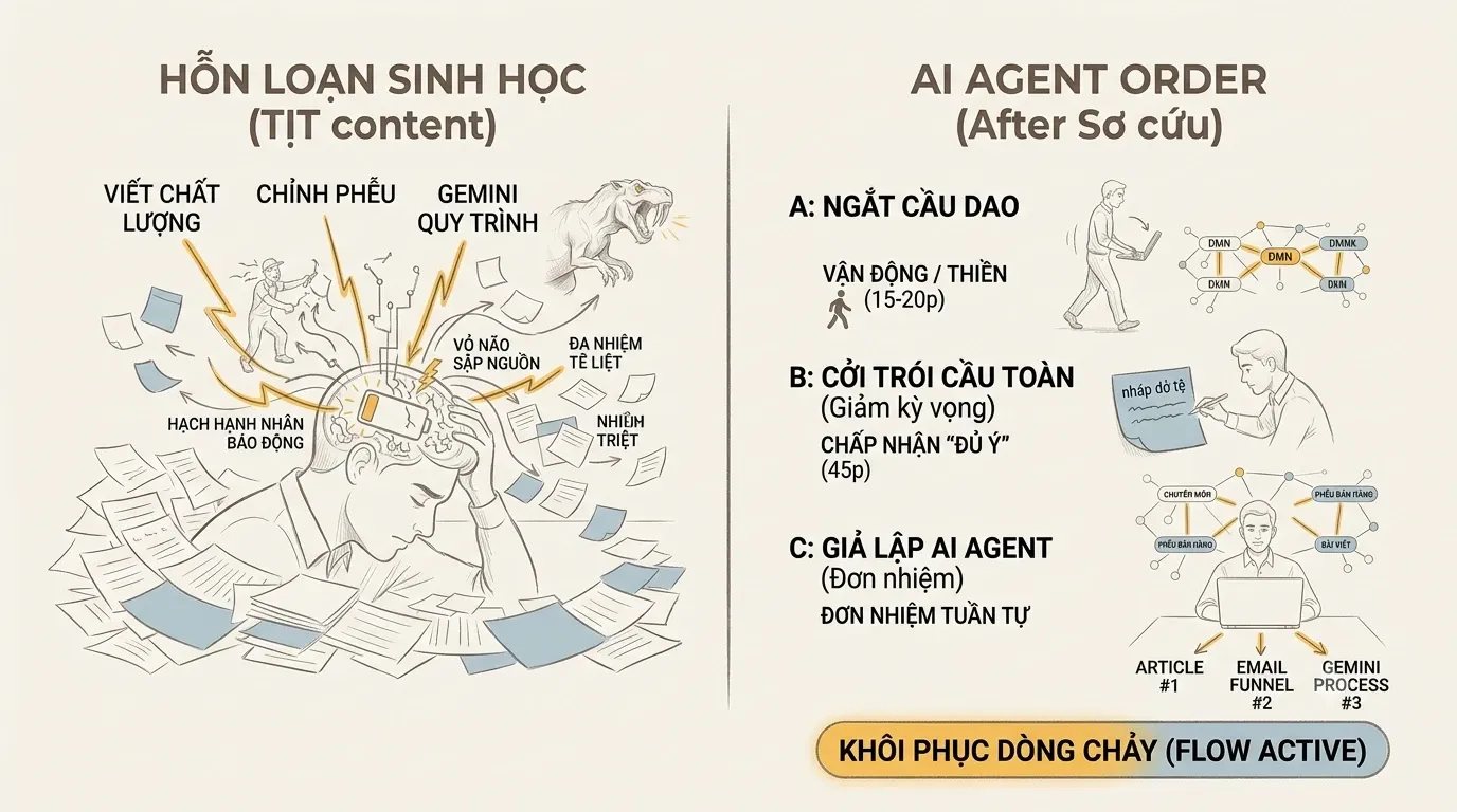 Infographic mô phỏng quy trình Giả lập AI Agent để sơ cứu khẩn cấp cho người kinh doanh solo bị 'tịt content' thoát khỏi 'đơ' não bộ thứ nhất sập nguồn pin cạn kiệt, chuyển từ hỗn loạn sinh học (hạch hạnh nhân báo động) sang đơn nhiệm đơn giản tuần tự từng bước Thu và Chia.