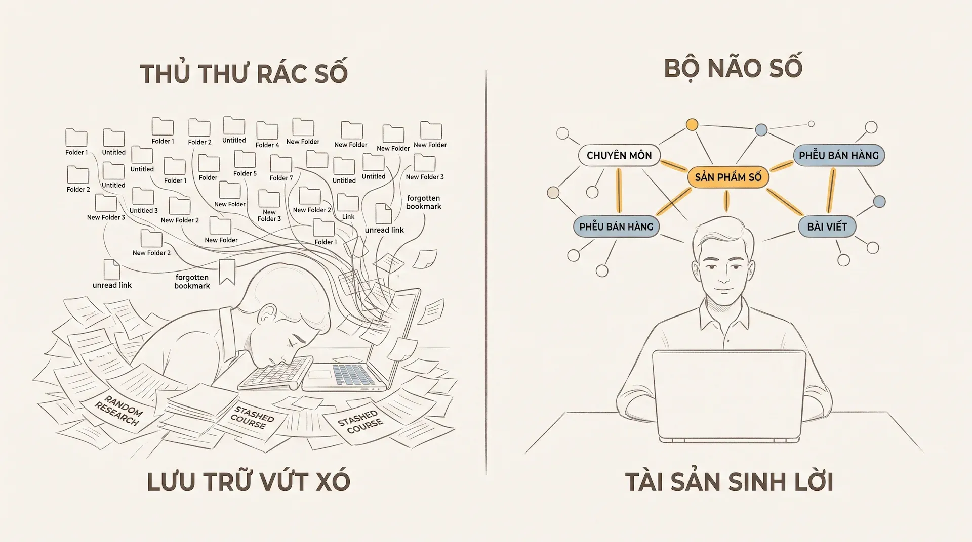 Sự đối lập giữa thủ thư rác số tích trữ thông tin vứt xó và bộ não số đóng gói tri thức thành tài sản sinh lời.