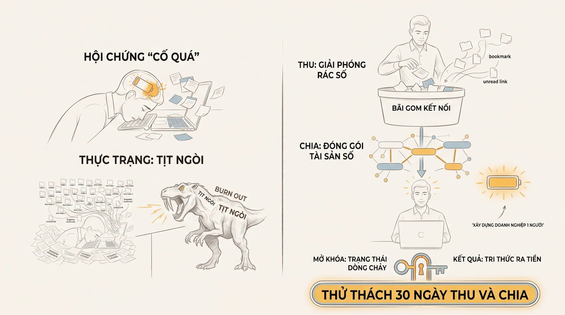 Người kinh doanh solo gục đầu trên laptop với biểu tượng pin cạn kiệt, minh họa tình trạng bộ não thứ nhất sập nguồn do quá tải.