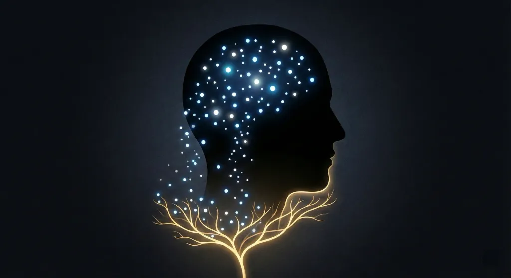 Minh họa bộ não người bị quá tải thông tin khiến kiến thức rơi rụng và giải pháp mạng lưới BrainNode OS hứng lại các ý tưởng.