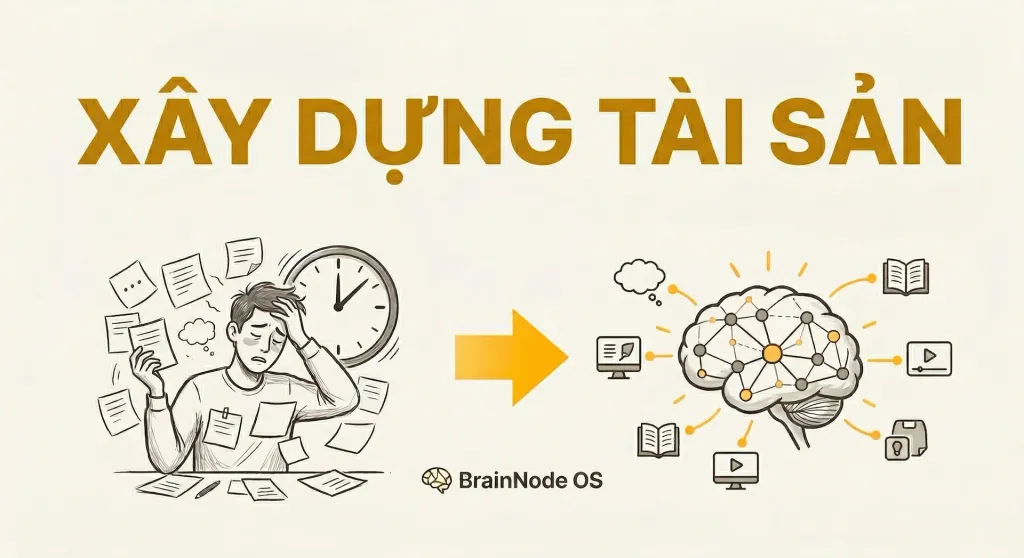 Hình ảnh đại diện BrainNode OS thể hiện sự lột xác từ trạng thái kiệt sức sang sáng tạo thảnh thơi nhờ hệ thống bộ não số.