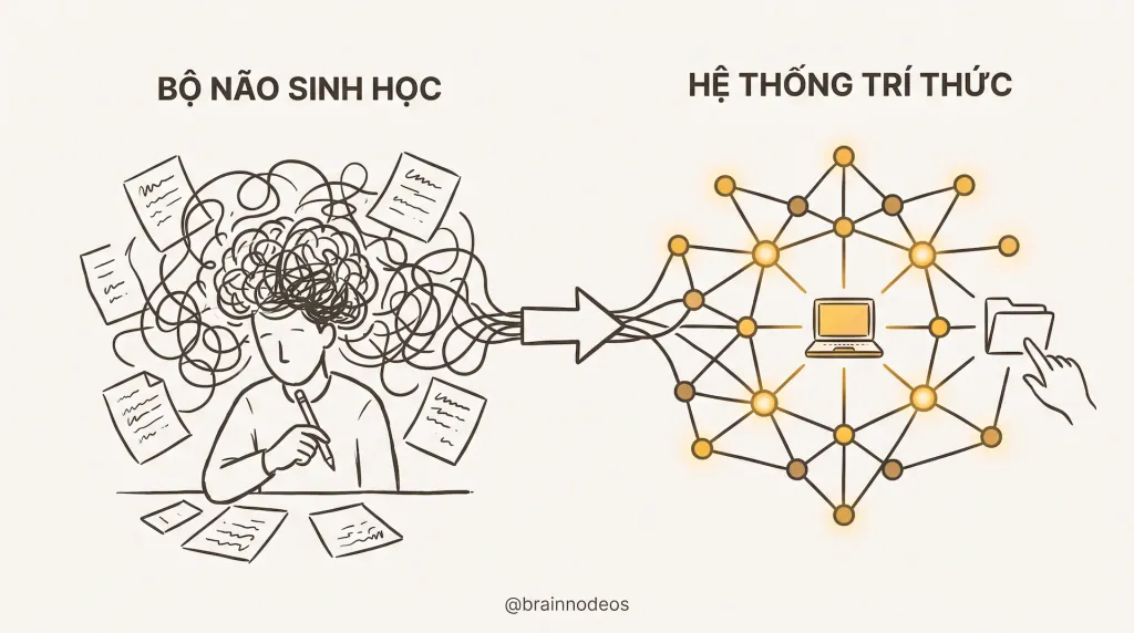 Hình phác họa tối giản thể hiện sự chuyển đổi từ bộ não sinh học quá tải sang hệ thống mạng lưới tri thức mạch lạc của Tana Outliner dành cho người kinh doanh solo.